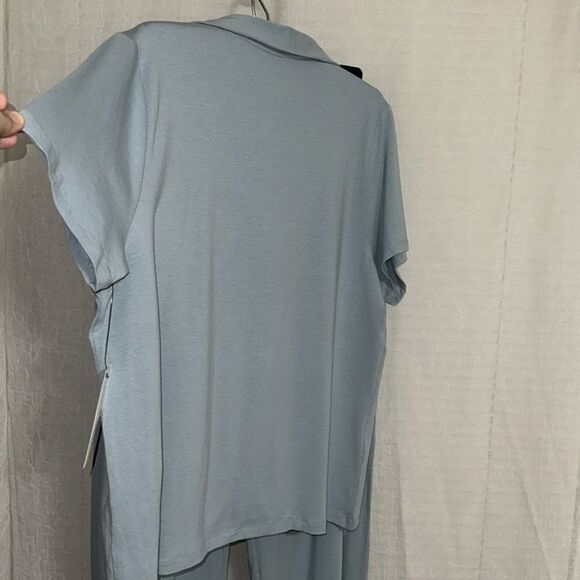 CK L Slate Seafoam Blue Modal Blend Notched Collar Short Sleeve Top Wide Leg PJ - Picture 10 of 16